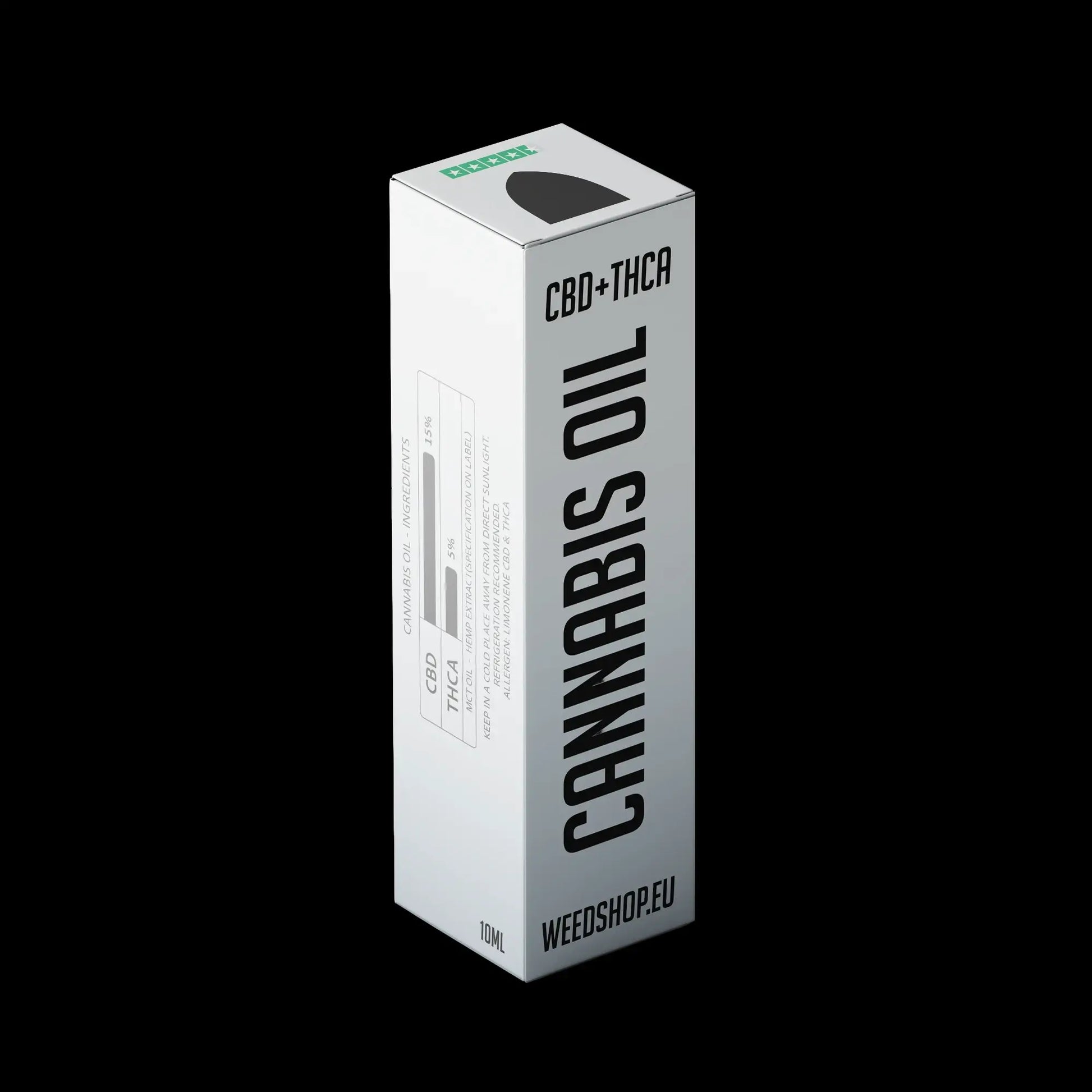 Cannabis oil packaging with 'WEEDSHOP.EU' branding on a black background THCA oil