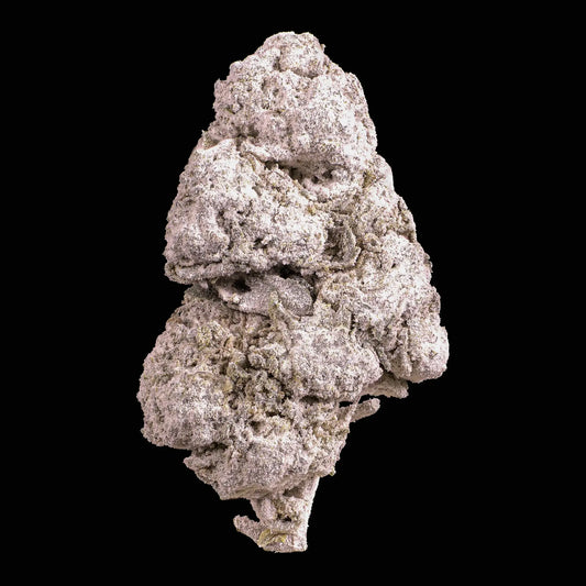 Clump of light grayish-brown cannabis on a black background thca