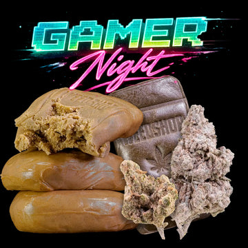 Gamer Night cannabis bundle with indoor flower, glasshouse buds and solventless hash
