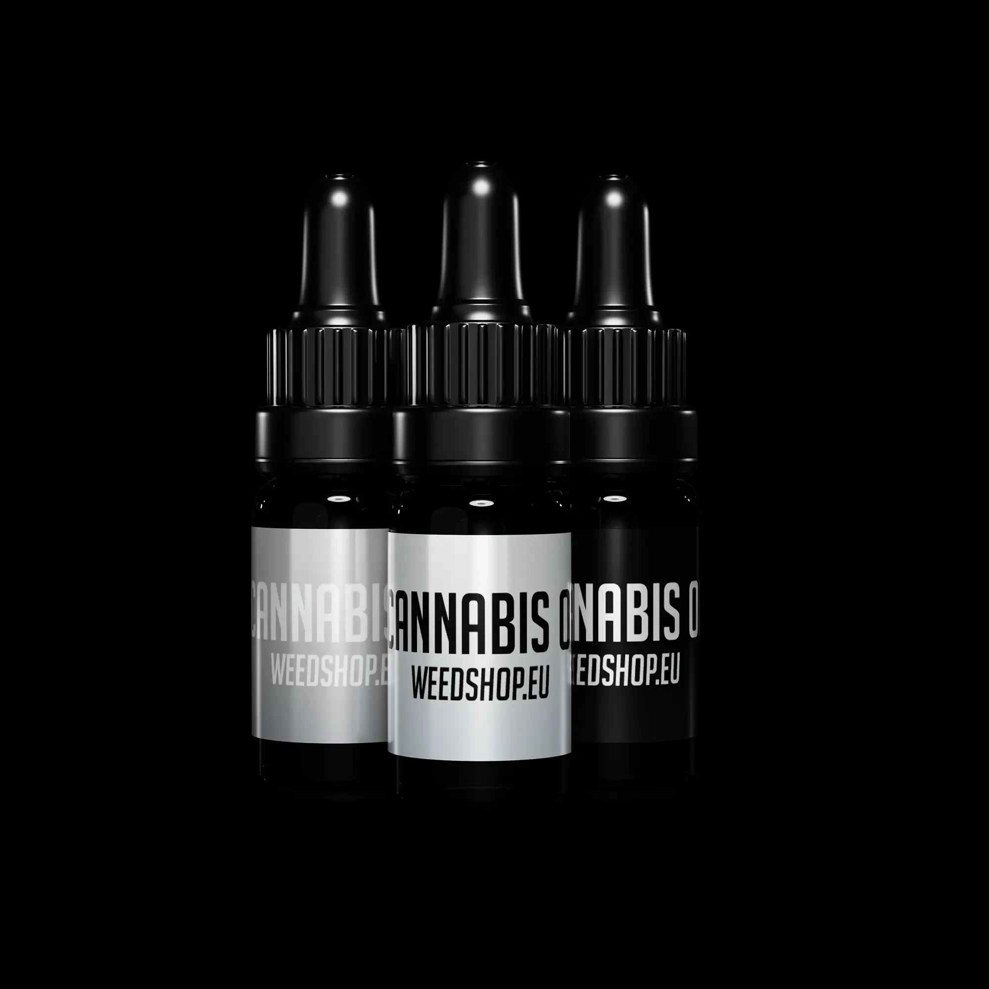 Three Cannabis Weedsop.eu dropper bottles on a black background