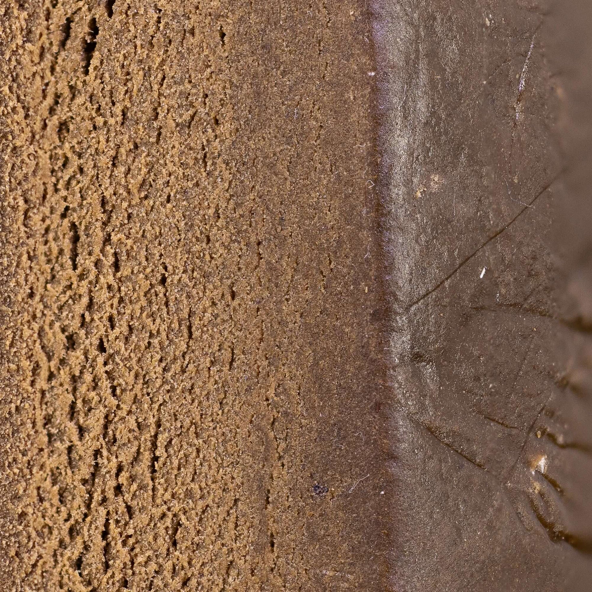 Close-up of dry sift THCA hash showing compact structure