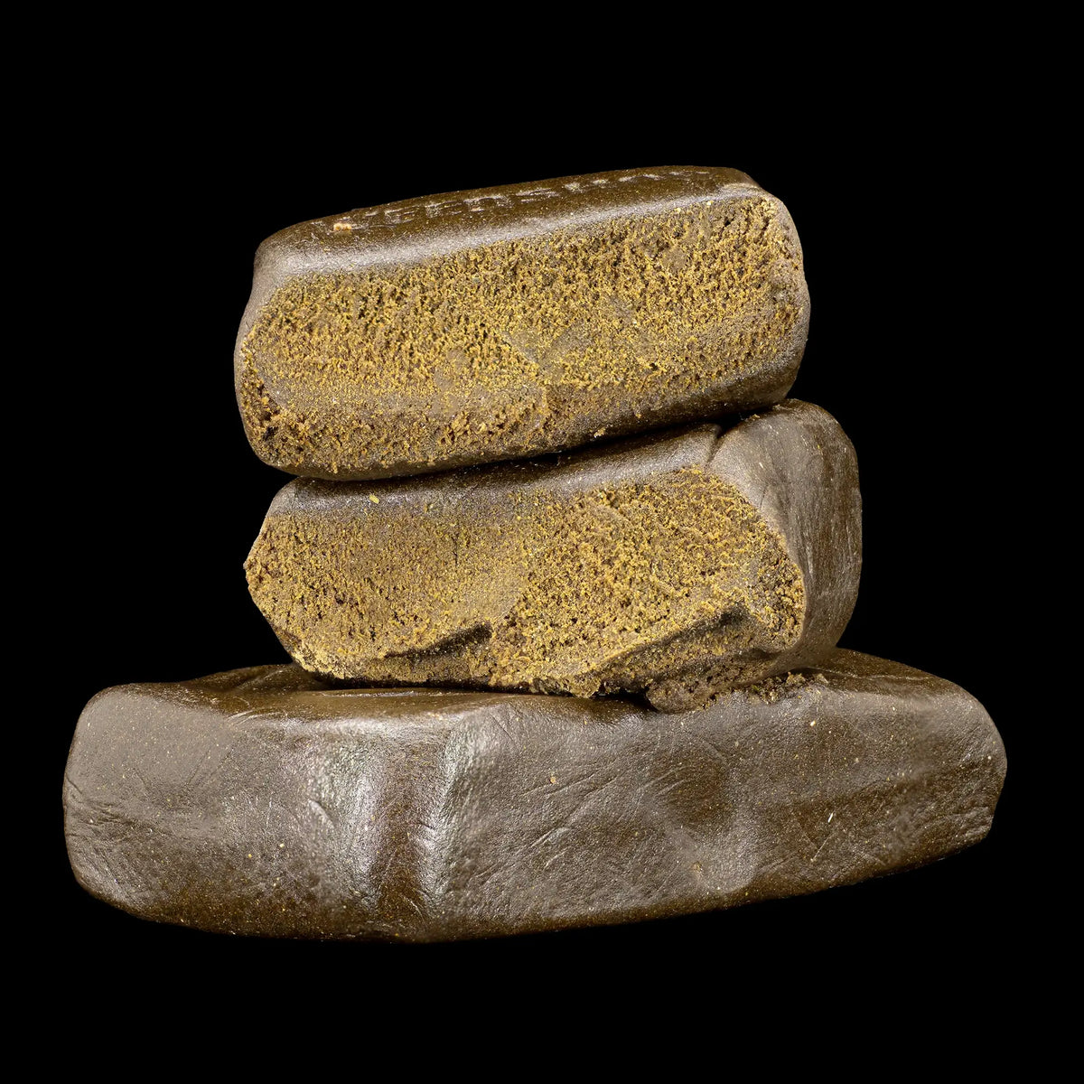 Farfar's Favorit 30% THCA hybrid hash with dark fibrous texture